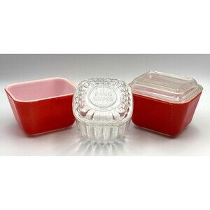 VTG Glass Food Saver - Small Refrigerator Dish w/Lid Square + 2 Pyrex Containers